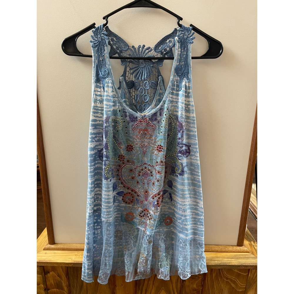 One World Tank Top Womens Small Blue Lace Racerback Embellished Boho